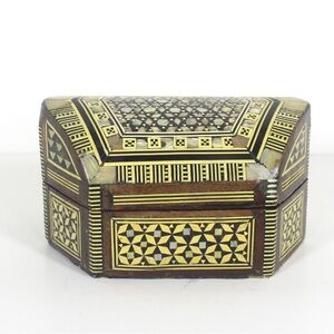 Vintage Moorish Inlaid Wood Box with Mother of Pearl Shell and Bone Inlay